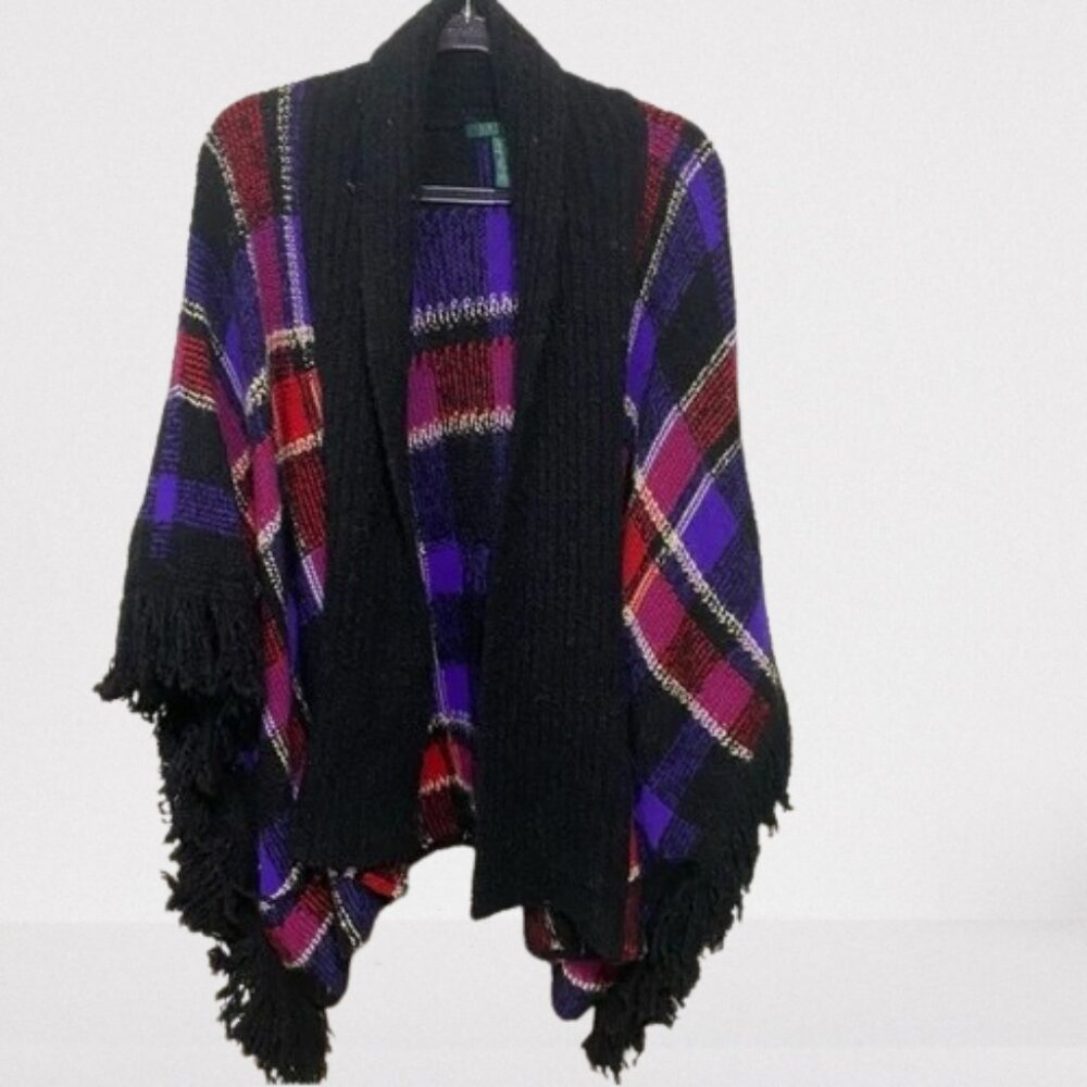 Lauren Ralph Lauren Womens Wool Blend Plaid Fringe Poncho Cape Size L/XL